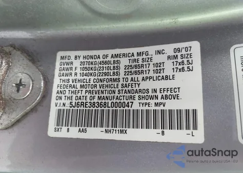 2008 Honda Cr-V Lx from USA, damaged, VIN 5J6RE38368L000047